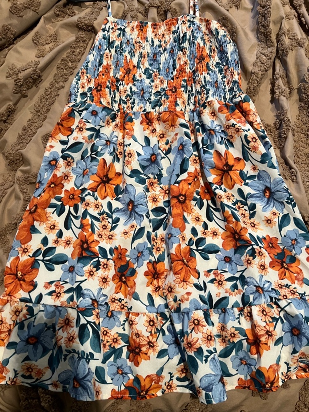 SHEIN Orange & Blue Floral Smocked Midi Dress
